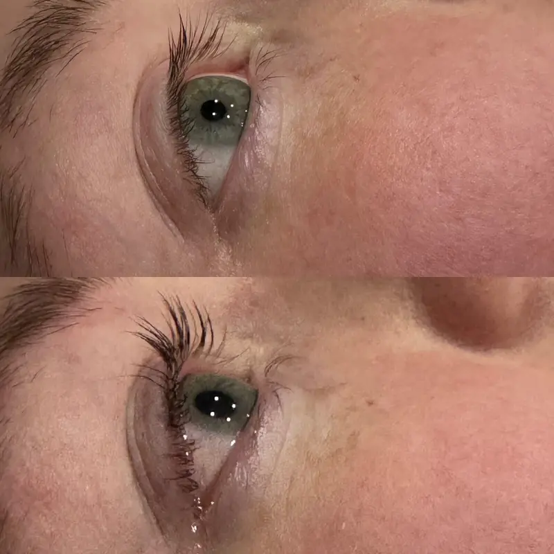 Before and after results of lash lift and tint at Royal Glow Beauty and Esthetics in Boardman, Ohio